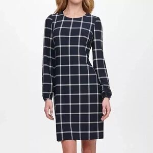 Tommy Hilfiger 18W Navy Windowpane Plaid Shift‎ Dress Long Sleeve Career Preppy